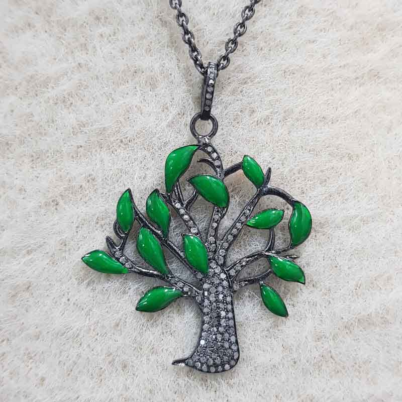 Glorious Green Enamel Tree Pendant With Pave Layers, Tree Necklace, Gift For Someone