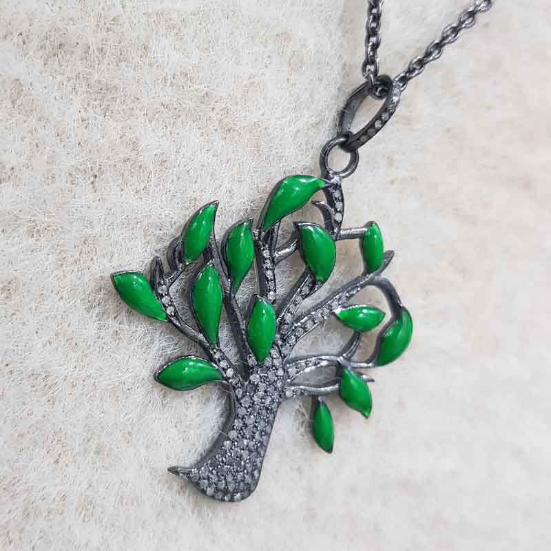 Glorious Green Enamel Tree Pendant With Pave Layers, Tree Necklace, Gift For Someone