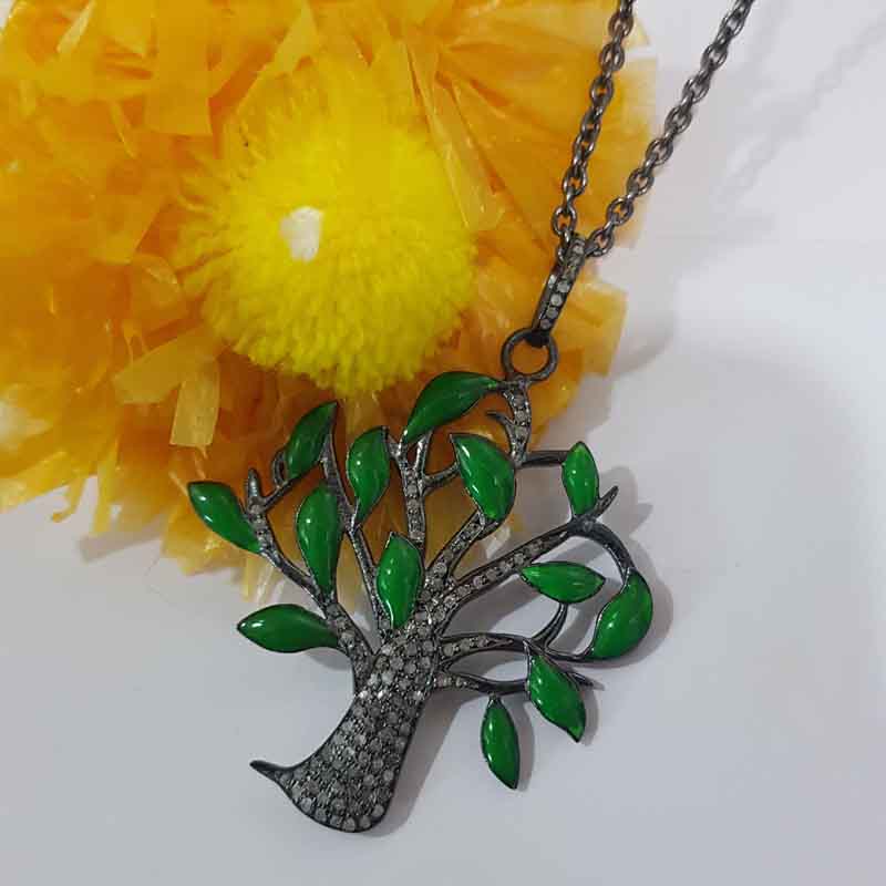 Glorious Green Enamel Tree Pendant With Pave Layers, Tree Necklace, Gift For Someone