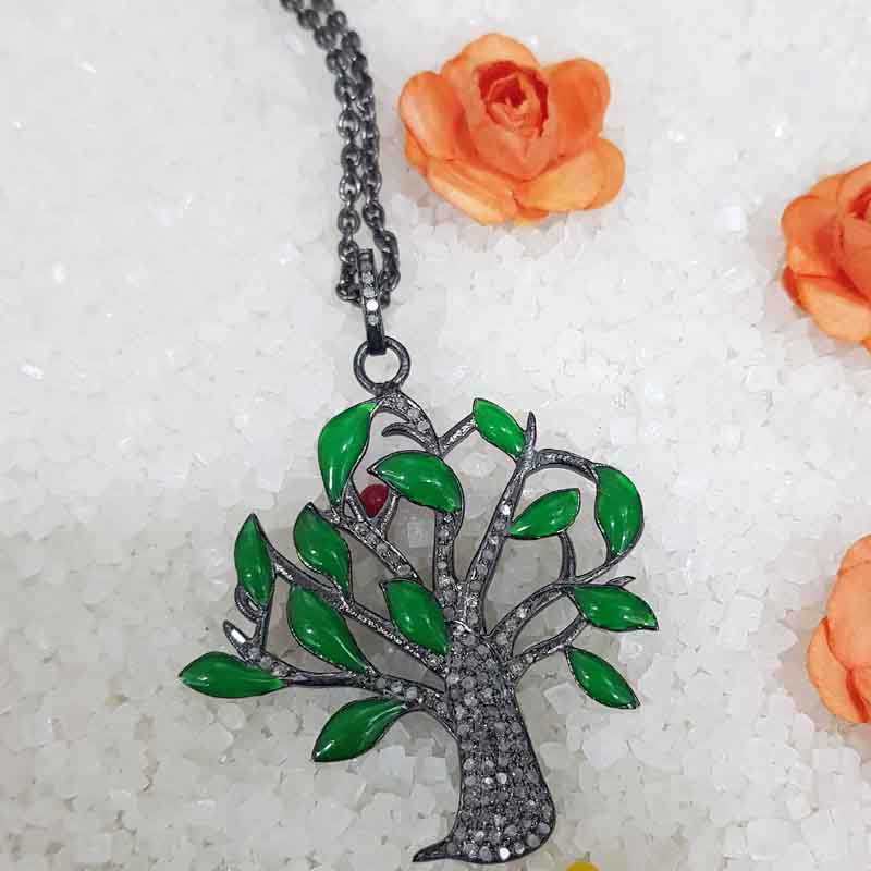 Glorious Green Enamel Tree Pendant With Pave Layers, Tree Necklace, Gift For Someone