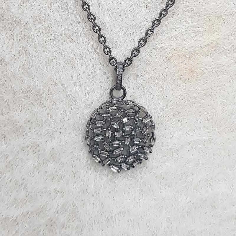 Baguette Stone And Pave Diamond Handmade Designer Small Round Pendant, Minimal Necklace, Silver Jewelry