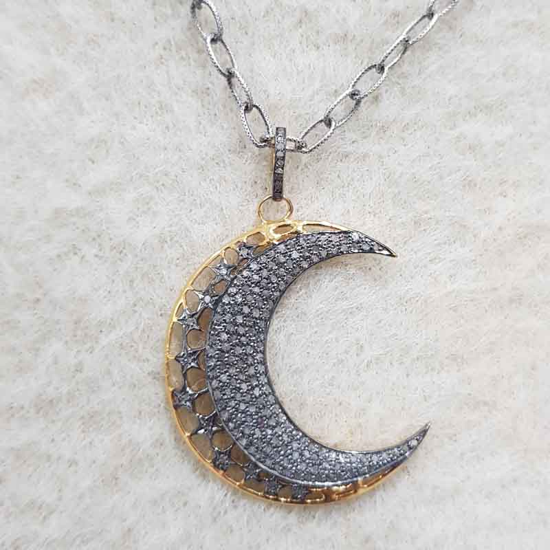 Natural Pave Diamond Moon Pendant, Stunning Shiny Necklace, Gift For Favorite One, Silver Jewelry