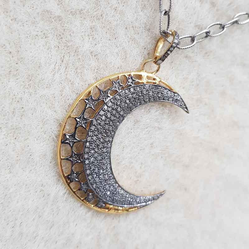 Natural Pave Diamond Moon Pendant, Stunning Shiny Necklace, Gift For Favorite One, Silver Jewelry