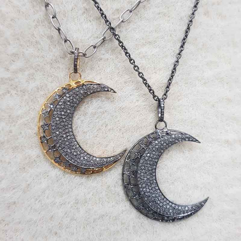 Natural Pave Diamond Moon Pendant, Stunning Shiny Necklace, Gift For Favorite One, Silver Jewelry