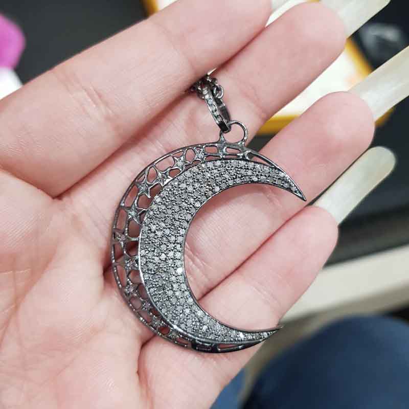 Natural Pave Diamond Moon Pendant, Stunning Shiny Necklace, Gift For Favorite One, Silver Jewelry