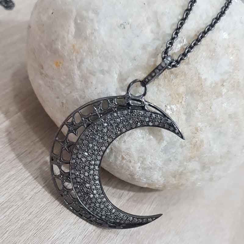 Natural Pave Diamond Moon Pendant, Stunning Shiny Necklace, Gift For Favorite One, Silver Jewelry