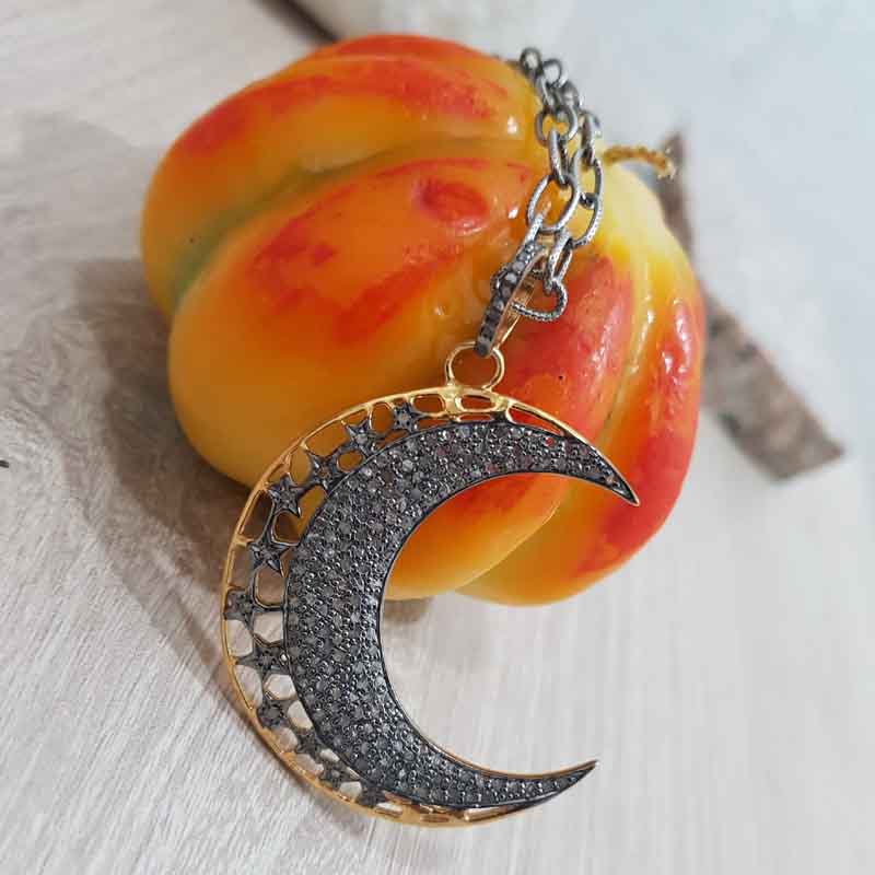 Natural Pave Diamond Moon Pendant, Stunning Shiny Necklace, Gift For Favorite One, Silver Jewelry