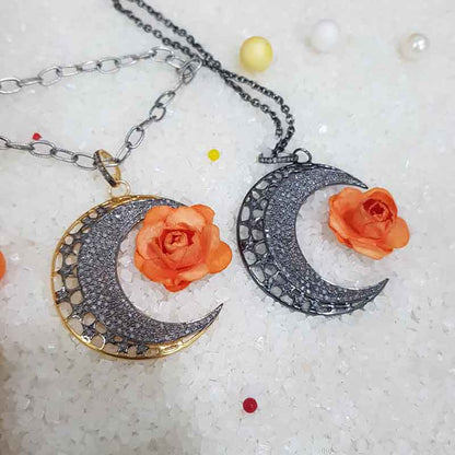 Natural Pave Diamond Moon Pendant, Stunning Shiny Necklace, Gift For Favorite One, Silver Jewelry