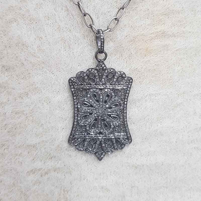 925 Sterling Silver Fancy Designer Pave Diamond Pendant, Gift For Her, Unique Item Necklace, Silver Jewelry