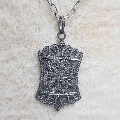 925 Sterling Silver Fancy Designer Pave Diamond Pendant, Gift For Her, Unique Item Necklace, Silver Jewelry