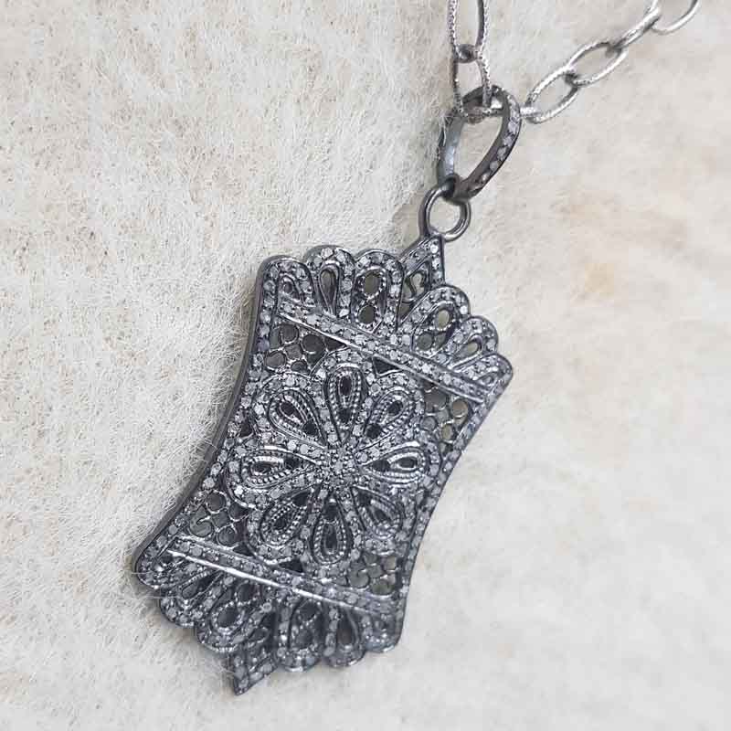 925 Sterling Silver Fancy Designer Pave Diamond Pendant, Gift For Her, Unique Item Necklace, Silver Jewelry