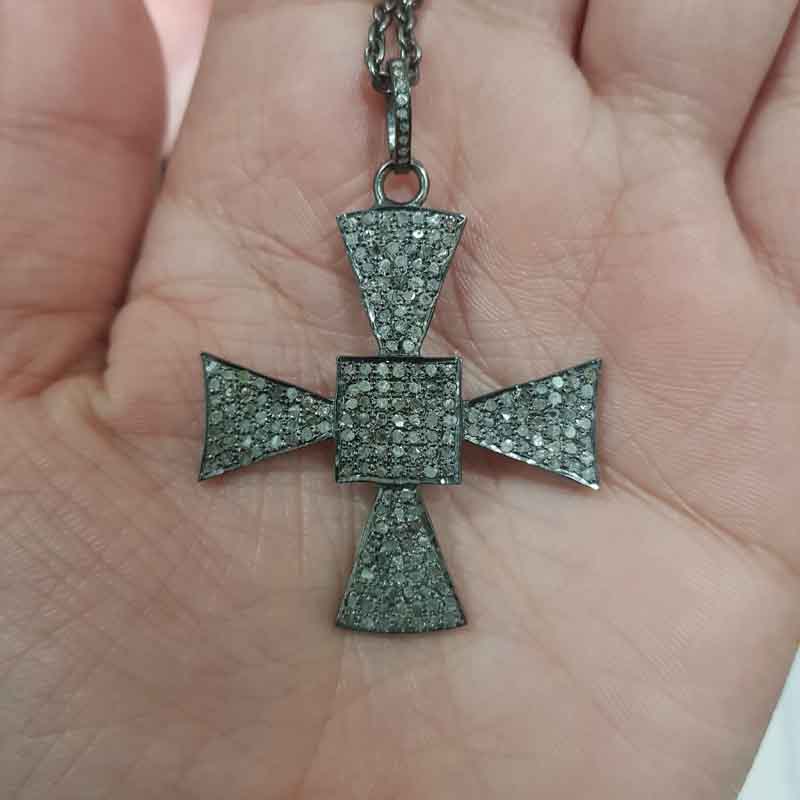 Gorgeous Black Cross Style Natural Pave Diamond Pendant, Silver Jewelry