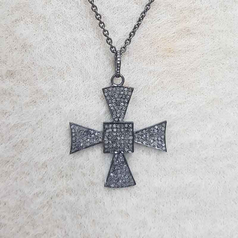 Gorgeous Black Cross Style Natural Pave Diamond Pendant, Silver Jewelry