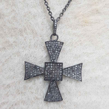 Gorgeous Black Cross Style Natural Pave Diamond Pendant, Silver Jewelry