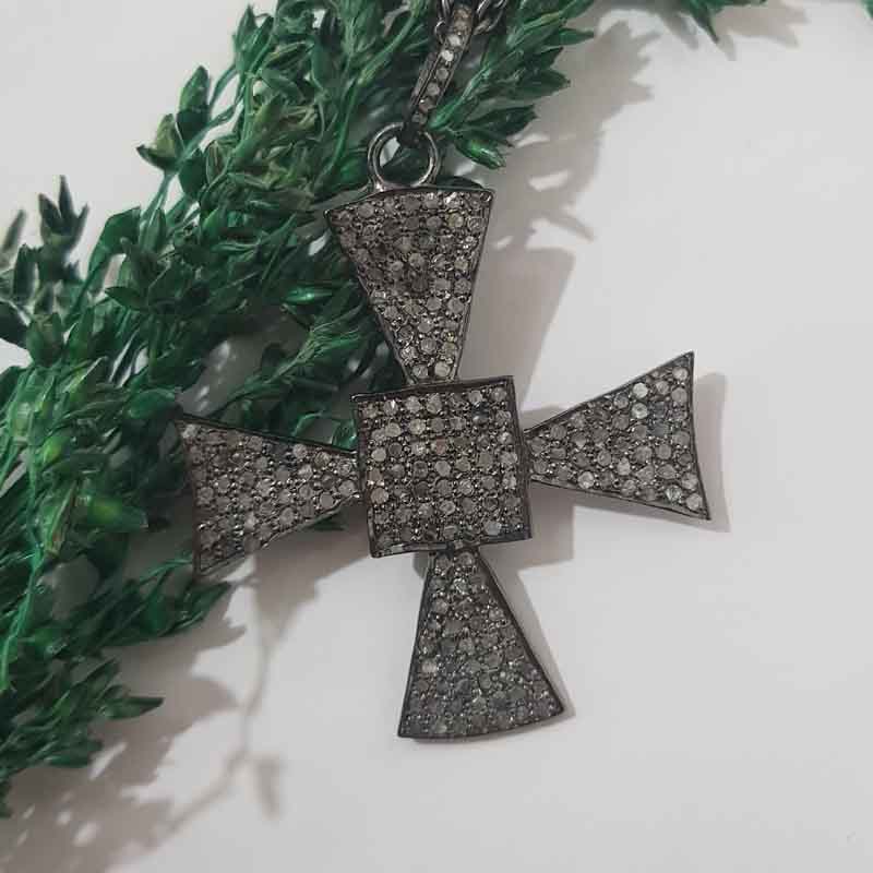 Gorgeous Black Cross Style Natural Pave Diamond Pendant, Silver Jewelry