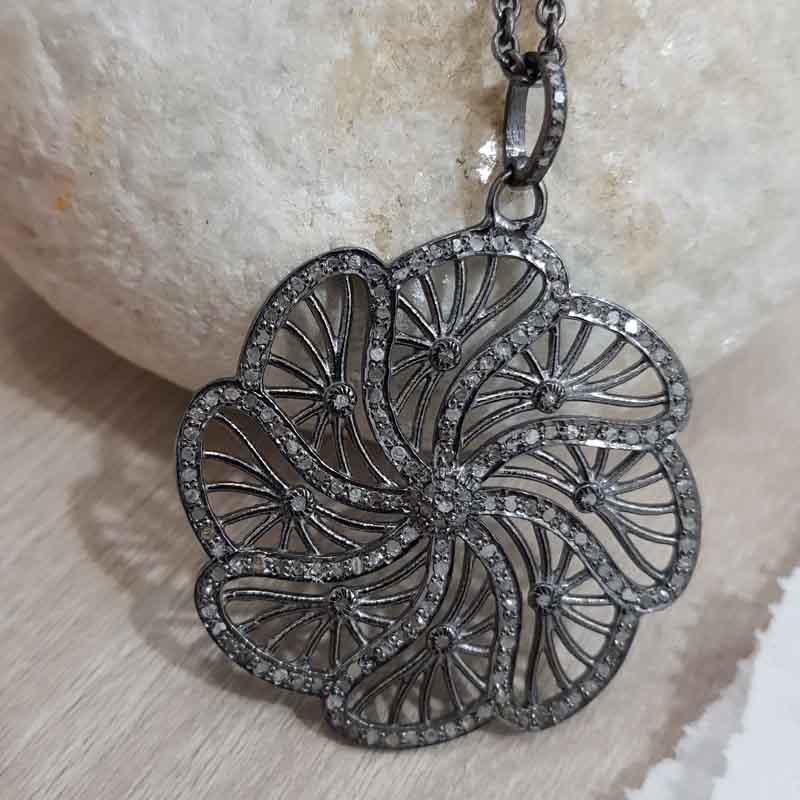 Fancy Flower Style Pave Diamond 925 Sterling Silver Pendant, Unique Flower Necklace, Gift For Someone