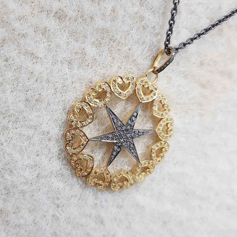 Unique Pave Diamond Flower Based Heart With Star Pendant, Stunning Necklace, Gift For Lovers, Wedding Gift