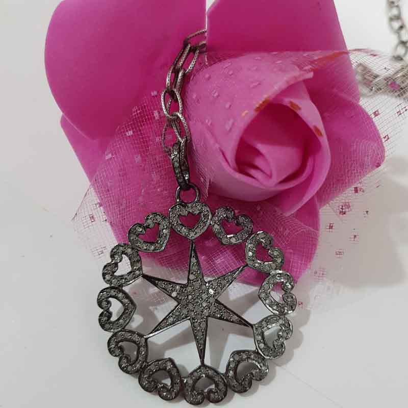 Unique Pave Diamond Flower Based Heart With Star Pendant, Stunning Necklace, Gift For Lovers, Wedding Gift