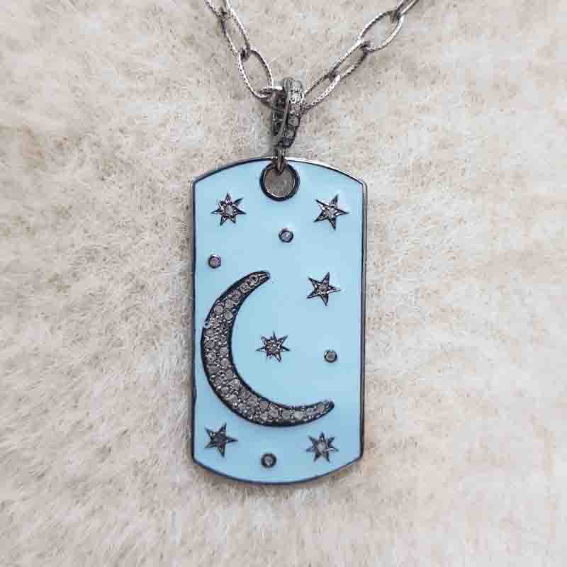 925 Sterling Silver Tag Pendant With Graceful Enamel Little Stars And Moon, Classic And Attractive Tag Necklace, Wedding Gift