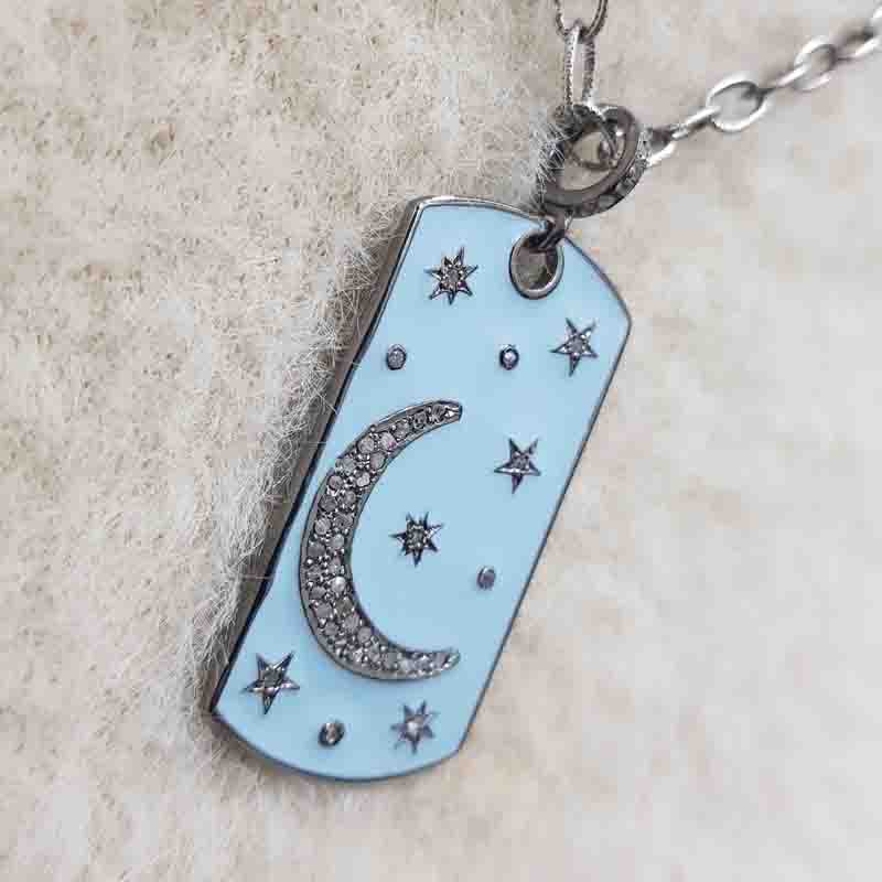 925 Sterling Silver Tag Pendant With Graceful Enamel Little Stars And Moon, Classic And Attractive Tag Necklace, Wedding Gift