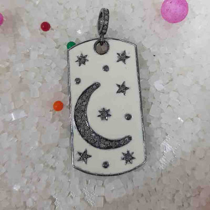 925 Sterling Silver Tag Pendant With Graceful Enamel Little Stars And Moon, Classic And Attractive Tag Necklace, Wedding Gift