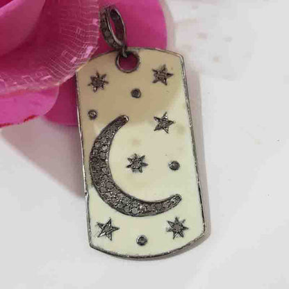 925 Sterling Silver Tag Pendant With Graceful Enamel Little Stars And Moon, Classic And Attractive Tag Necklace, Wedding Gift