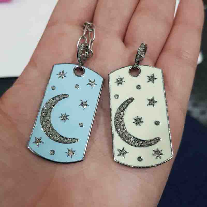 925 Sterling Silver Tag Pendant With Graceful Enamel Little Stars And Moon, Classic And Attractive Tag Necklace, Wedding Gift