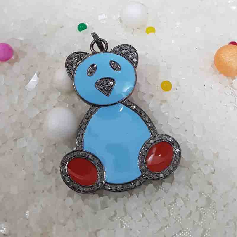 Gorgeous Enamel Teddy Bear Pendant, Children's Gift, Birthday Gift, Cutest Teddy Gift, Silver Jewelry