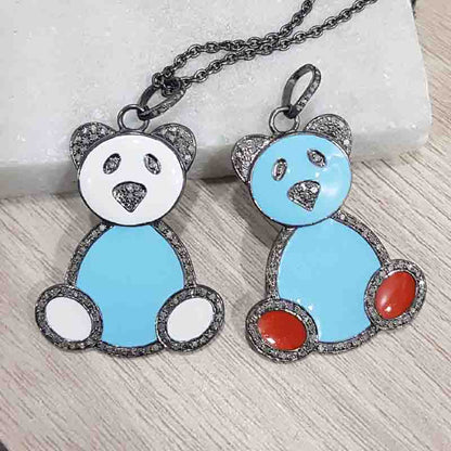 Gorgeous Enamel Teddy Bear Pendant, Children's Gift, Birthday Gift, Cutest Teddy Gift, Silver Jewelry