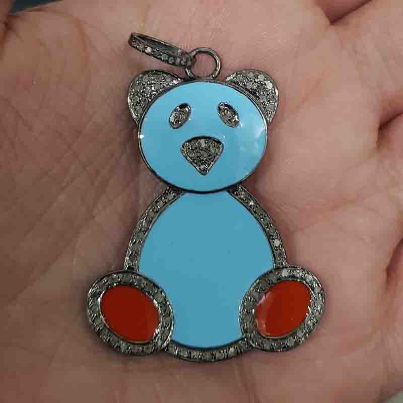 Gorgeous Enamel Teddy Bear Pendant, Children's Gift, Birthday Gift, Cutest Teddy Gift, Silver Jewelry