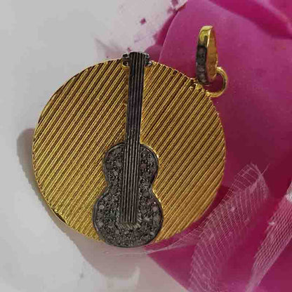 Fancy Designer Round Disk Pendant With Guitar, Gift For Music Lover, Silver Jewelry