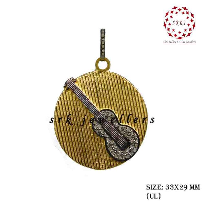 Fancy Designer Round Disk Pendant With Guitar, Gift For Music Lover, Silver Jewelry