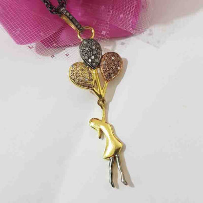 Balloons With Girl Pave Diamond 925 Sterling Silver Pendant, Stylish Fancy Girl With Balloons, Birthday Gift