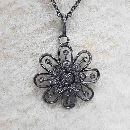 Black Beautiful Flower Style Pendant, Stunning Flower Pendant, Silver Jewelry