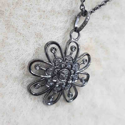 Black Beautiful Flower Style Pendant, Stunning Flower Pendant, Silver Jewelry