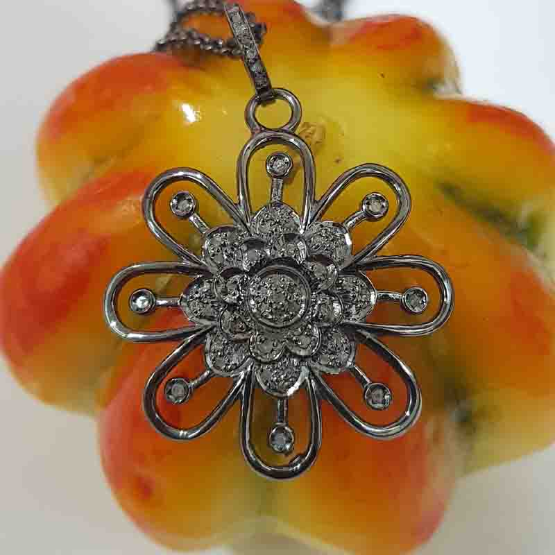 Black Beautiful Flower Style Pendant, Stunning Flower Pendant, Silver Jewelry