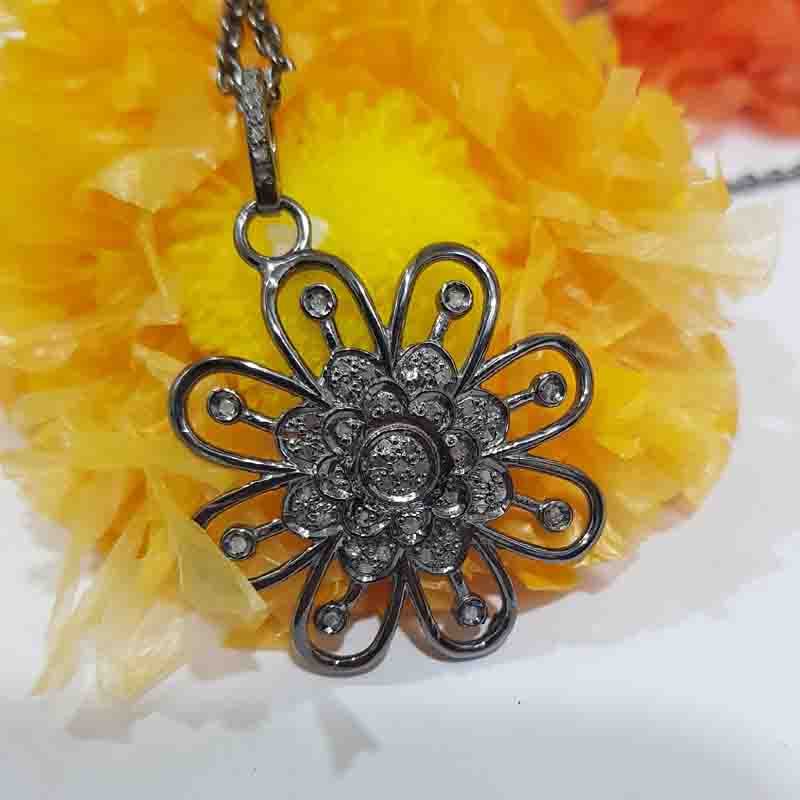 Black Beautiful Flower Style Pendant, Stunning Flower Pendant, Silver Jewelry