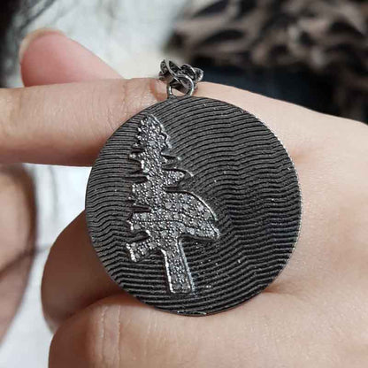 Round Disk Designer With Pave Diamond Tree Pendant, Classic Disk Necklace, Gift For Someone