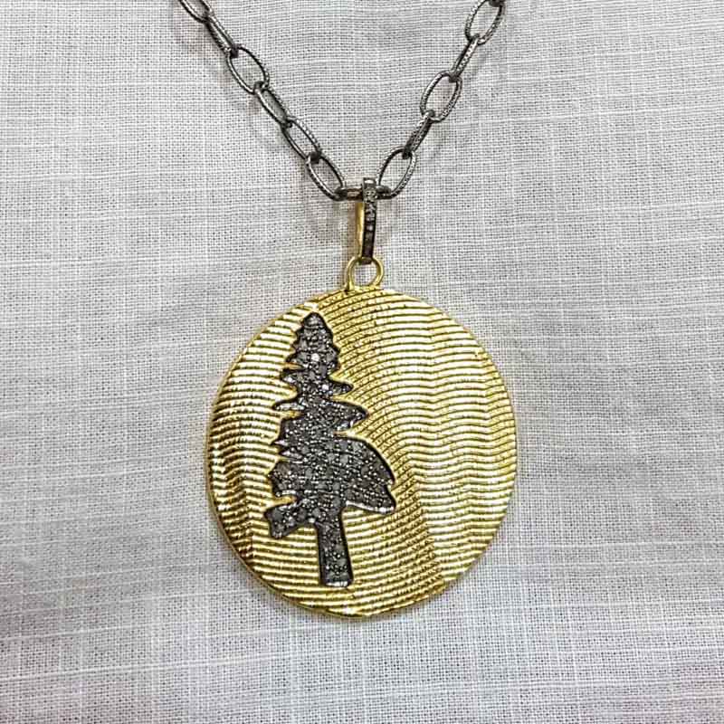 Round Disk Designer With Pave Diamond Tree Pendant, Classic Disk Necklace, Gift For Someone