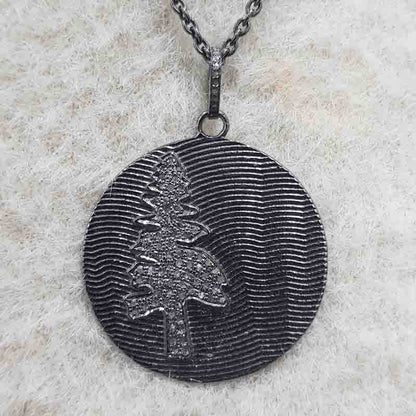 Round Disk Designer With Pave Diamond Tree Pendant, Classic Disk Necklace, Gift For Someone