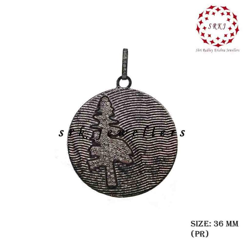 Round Disk Designer With Pave Diamond Tree Pendant, Classic Disk Necklace, Gift For Someone