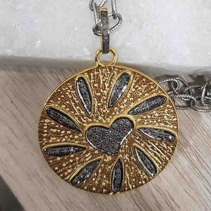 Graceful Pave Diamond Handmade Round Disk With Heart Designer Pendant, Silver Jewelry