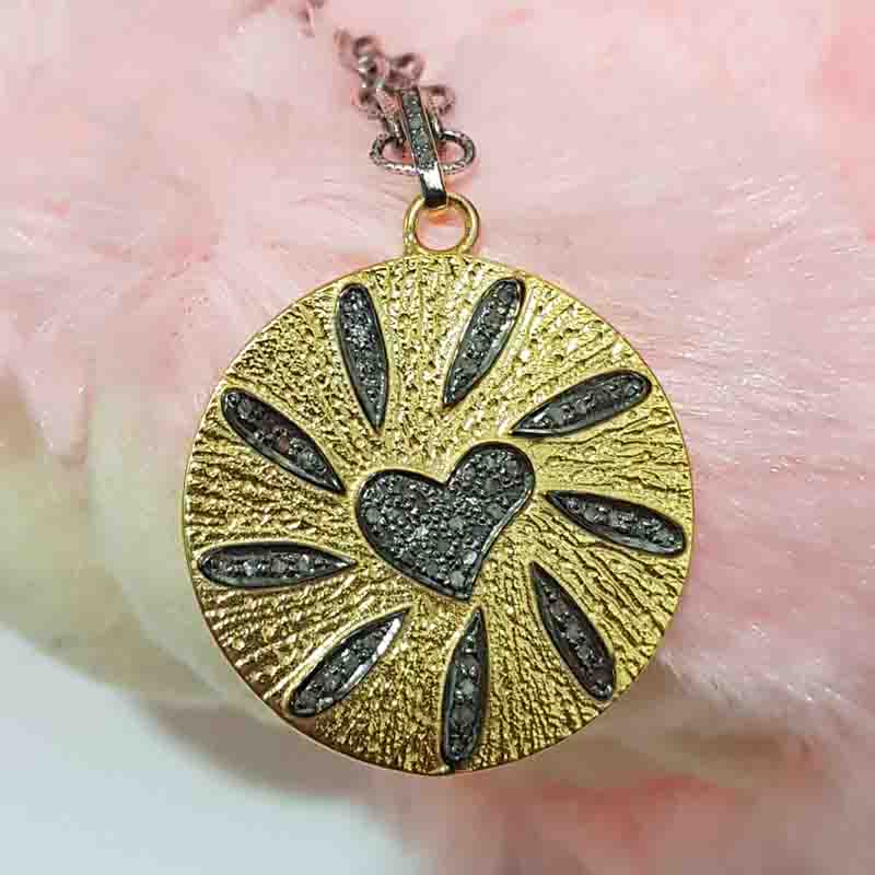 Graceful Pave Diamond Handmade Round Disk With Heart Designer Pendant, Silver Jewelry