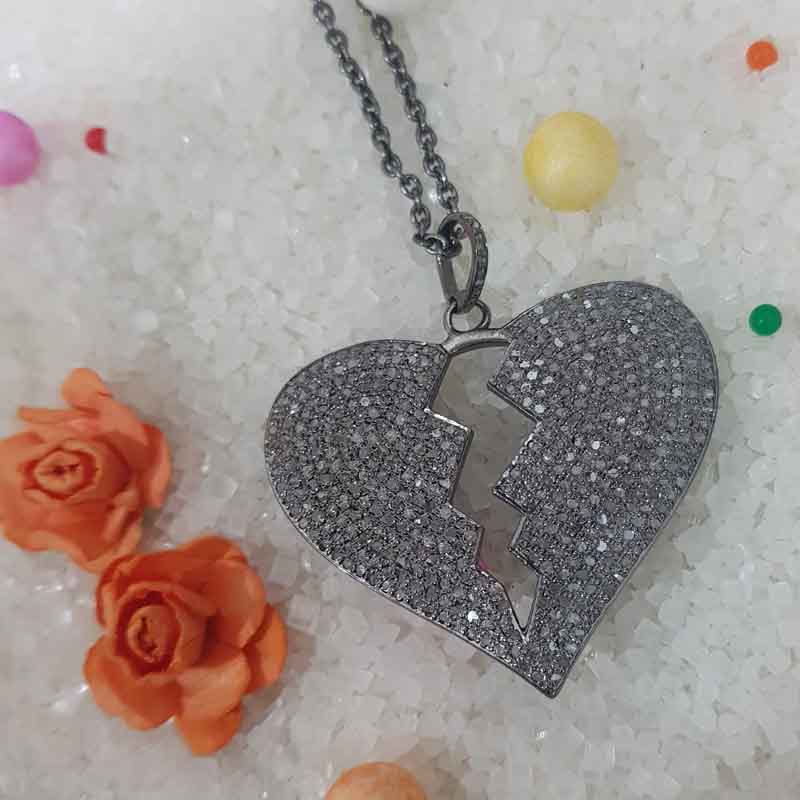 Fully Pave Diamond Setting Handmade Designer Heart Break Pendant, Gift For Girlfriend, Boyfriend