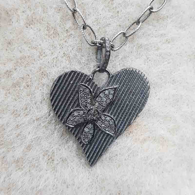 Beautiful Heart Pendent With Pave Diamond Flower Pendant, Amazing Flower Heart necklace, Silver Jewelry