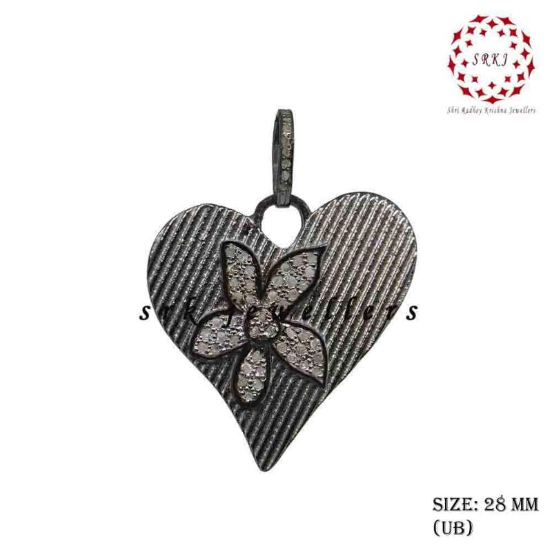 Beautiful Heart Pendent With Pave Diamond Flower Pendant, Amazing Flower Heart necklace, Silver Jewelry