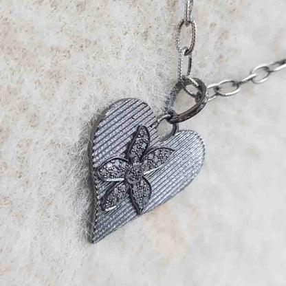 Beautiful Heart Pendent With Pave Diamond Flower Pendant, Amazing Flower Heart necklace, Silver Jewelry