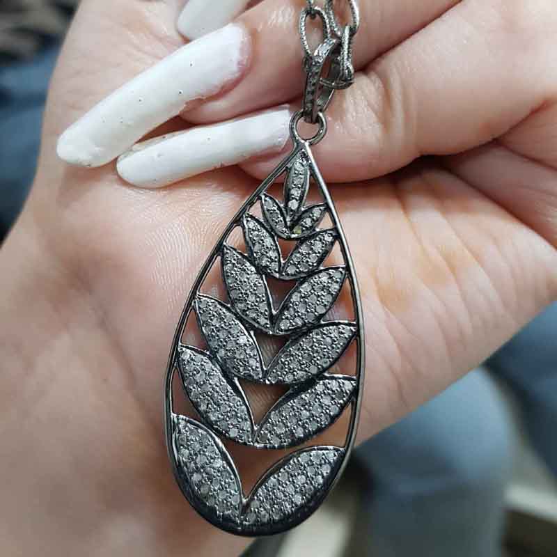 925 Sterling Silver Fancy Designer Leaf Style Pave Diamond Pendant, Stylish Leaf Necklace, Silver Jewelry