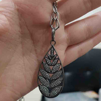 925 Sterling Silver Fancy Designer Leaf Style Pave Diamond Pendant, Stylish Leaf Necklace, Silver Jewelry