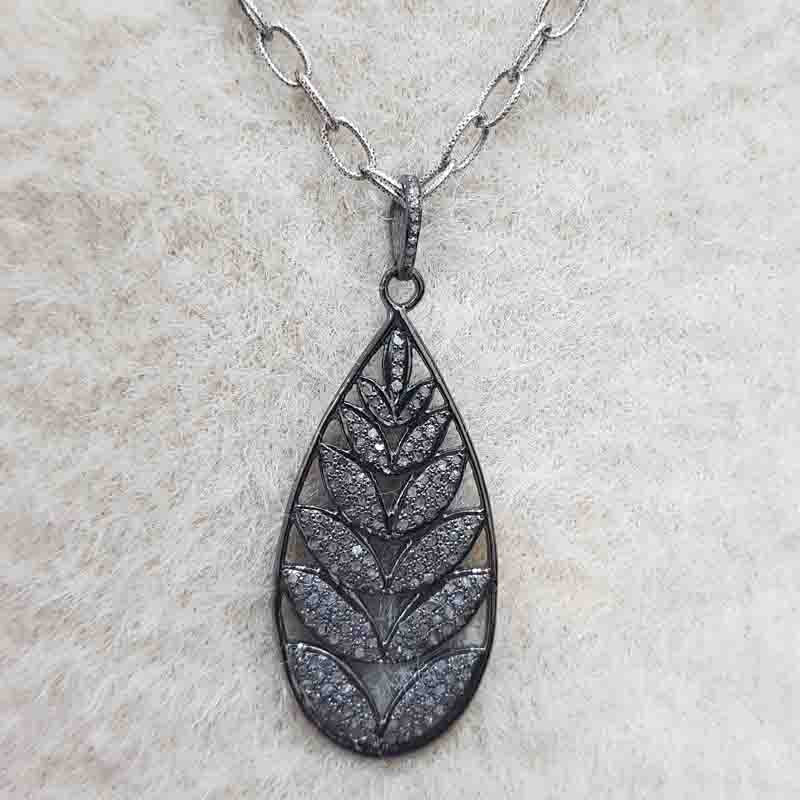 925 Sterling Silver Fancy Designer Leaf Style Pave Diamond Pendant, Stylish Leaf Necklace, Silver Jewelry